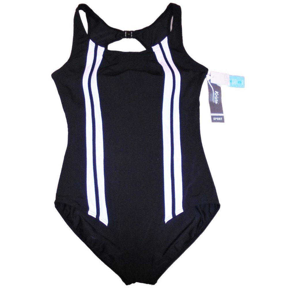 Swimsuit Size 8 NWT One Piece Black White Sports Athletic Swimwear